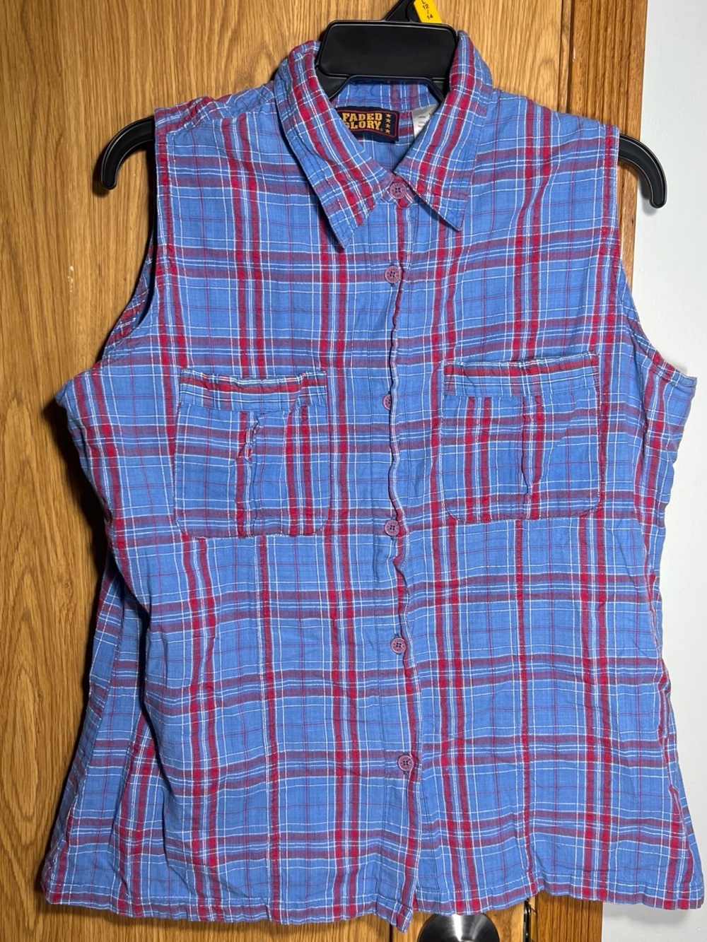 Faded Glory Blue and Red Plaid Sleeveless Button-Up Blouse